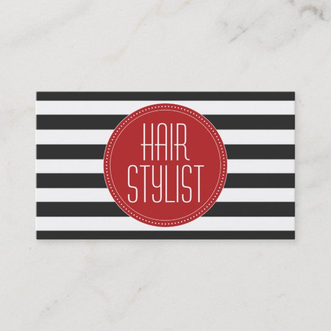 Hair Stylist Black and White Stripes Business Card (Front)