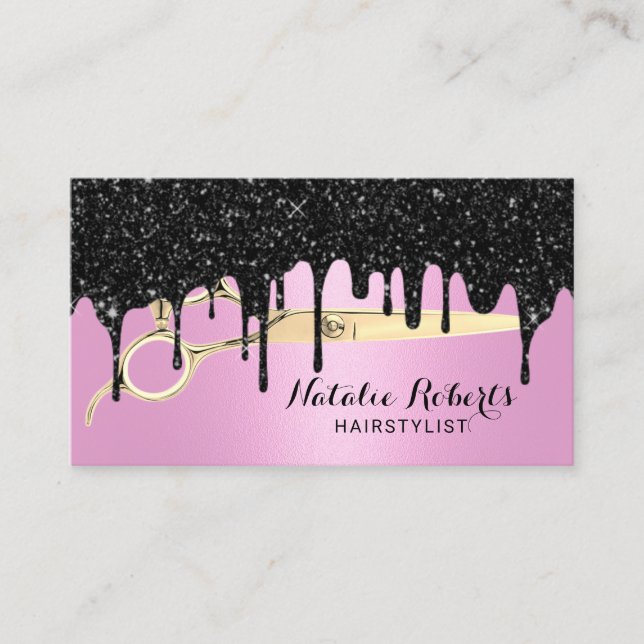 Hair Stylist Black Glitter Drips Pink Beauty Salon Business Card (Front)