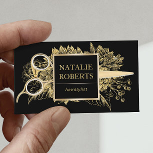 Hair Stylist Black & Gold Floral Beauty Salon Business Card