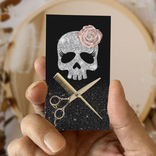 Hair Stylist Black & Silver Skull Beauty Salon  Business Card (Creator Uploaded)