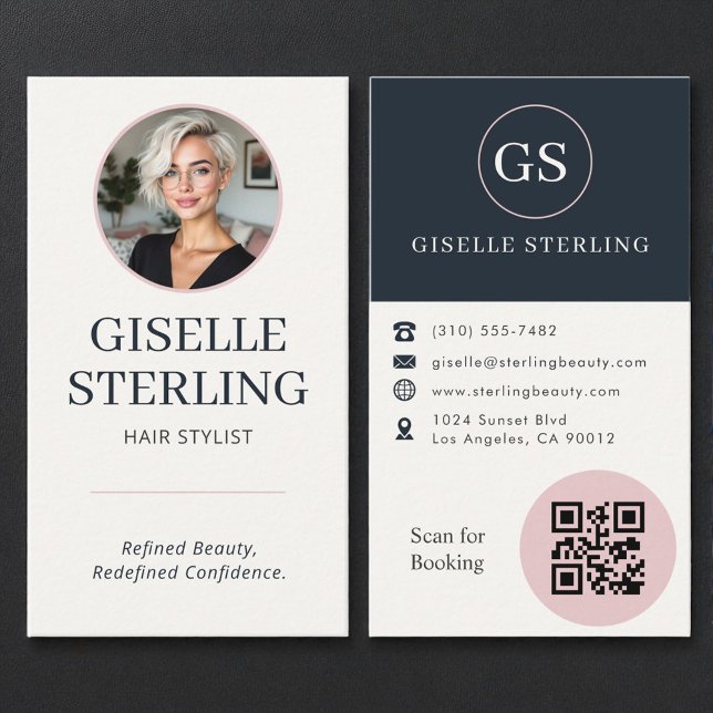 Hair Stylist Blush & Navy Photo QR Code  Business Card (Creator Uploaded)