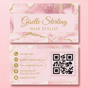 Hair Stylist Blush Pink Gold Agate QR Code Business Card
