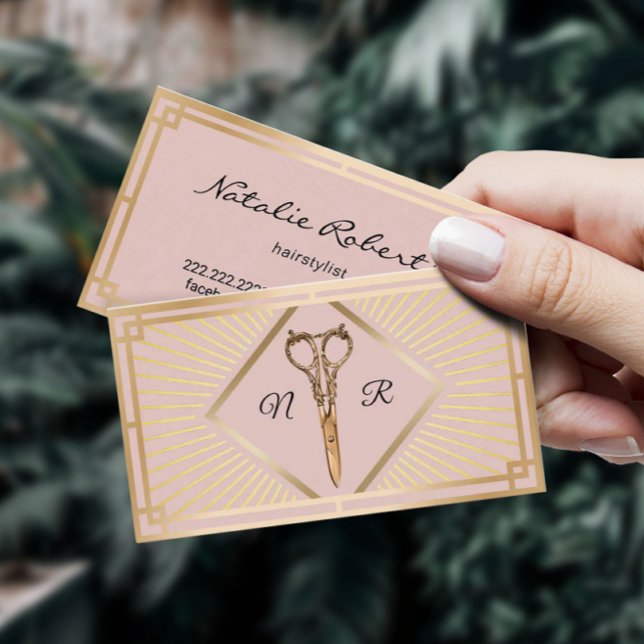 Hair Stylist Blush Pink Gold Art Deco Beauty Salon Business Card (Creator Uploaded)