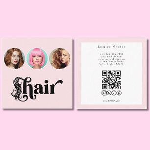 Hair Stylist Blush Pink White 3 Photo QR Code Square Business Card