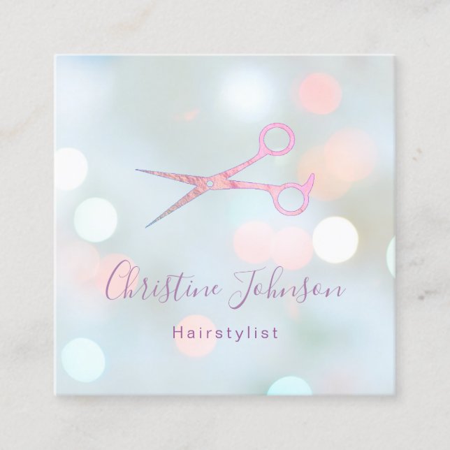 • hair stylist bokeh square business card (Front)