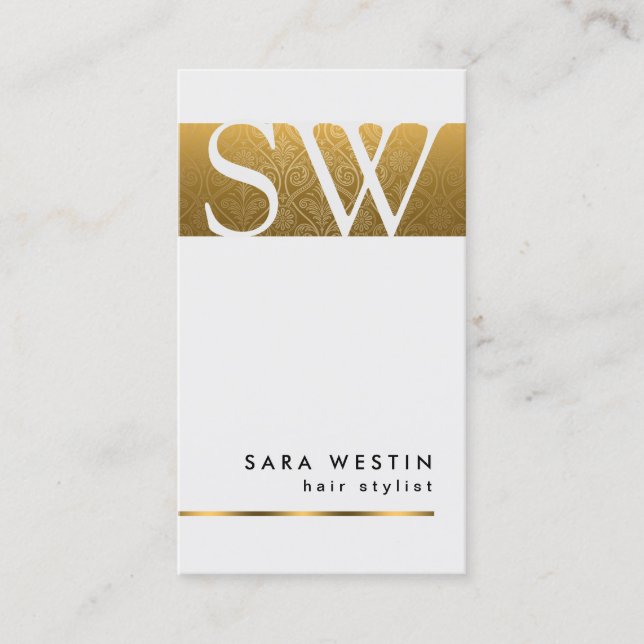 Hair Stylist Bold Gold Monogram Business Card (Front)