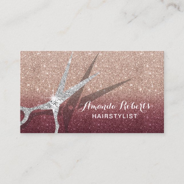 Hair Stylist Burgundy Rose Gold Glitter Hair Salon Business Card (Front)