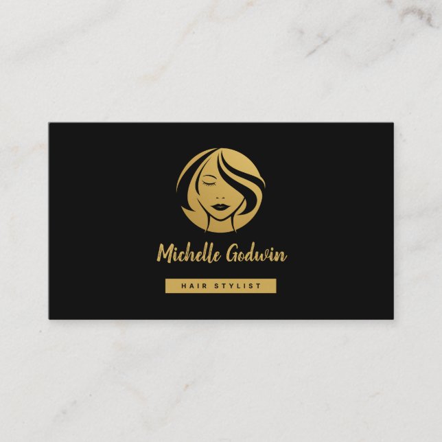 Hair Stylist business card. Gold on Black Business Card (Front)