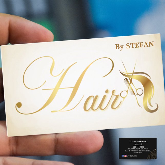 Hair Stylist Business Cards - Black Gold Script (Hair Stylist Business Cards - Rose Gold Script)
