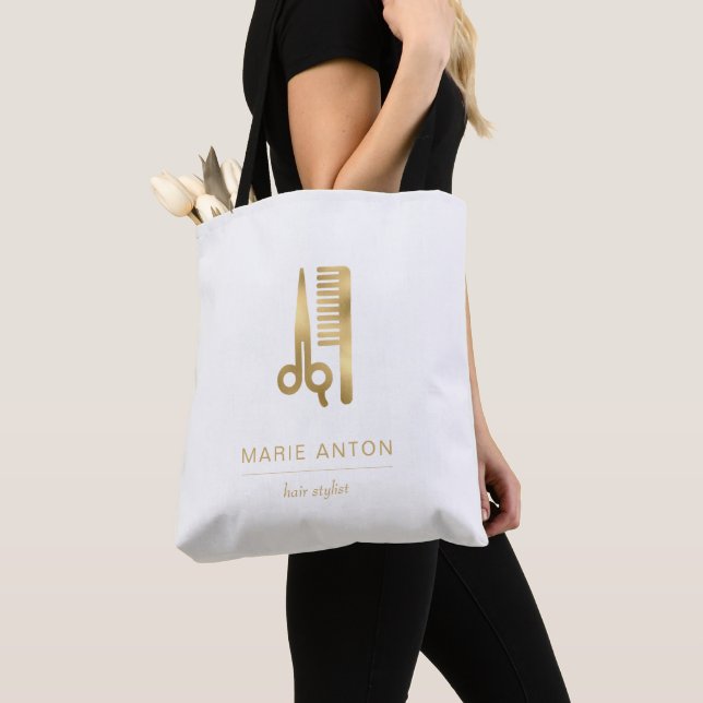 Hair Stylist Chic Gold Scissors Comb Tote Bag (Close Up)