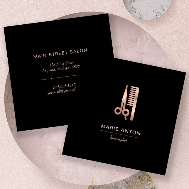 Hair Stylist Chic Rose Gold Scissor Comb Black Square Business Card (Creator Uploaded)