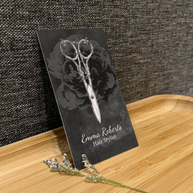 Hair Stylist Chic Scissor Dark Floral Chalkboard Business Card (Creator Uploaded)