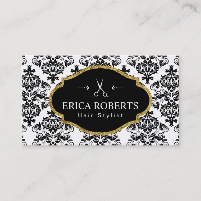 Hair Stylist Classic Damask Elegant Scissor Salon Business Card (Front)