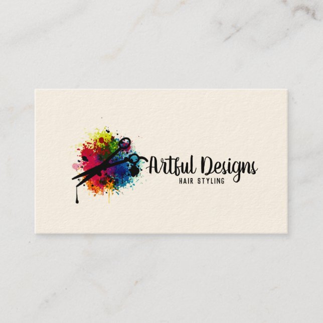 hair stylist colourful paint splatter minimalist business card (Front)