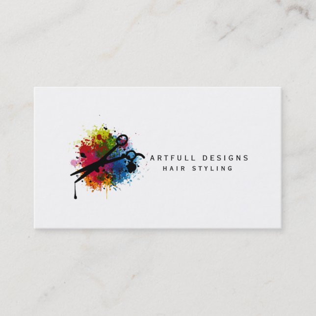 hair stylist colourful paint splatter minimalist business card (Front)