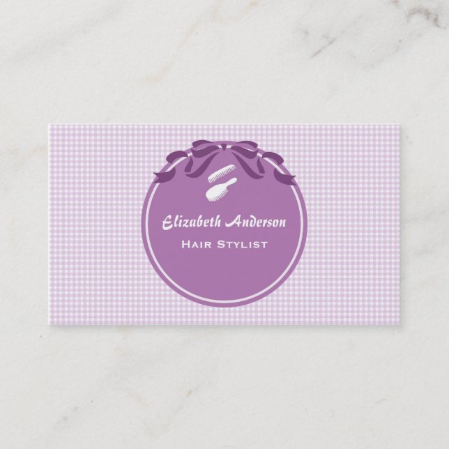 Hair Stylist Country Style Purple Gingham and Bow Business Card (Front)