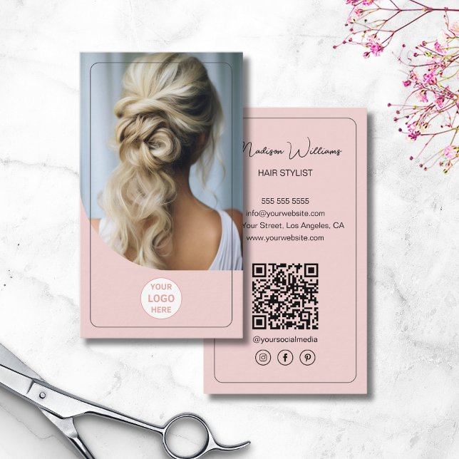 Hair Stylist Custom Logo Photo QR Code Pink Business Card (Hair Stylist Custom Logo Photo QR Code Pink Business Card)