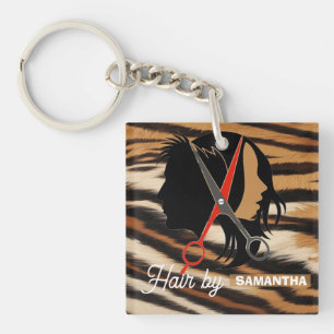 Hair Stylist Custom Name Tiger Print Salon Bag Key Ring