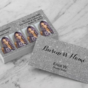 Hair Stylist Custom Photo Modern Silver Glitter Business Card
