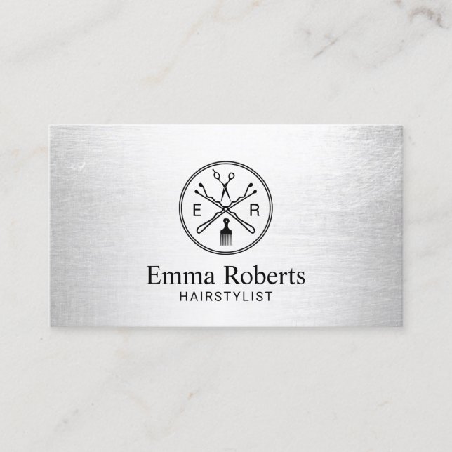 Hair Stylist Custom Salon Logo Modern Silver Business Card (Front)