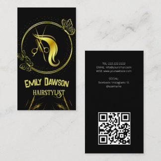 Hair Stylist Cute Scissor & Butterflies QR Code Bu Business Card