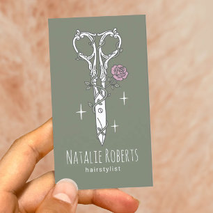 Hair Stylist Cute Scissor Drawing Sage Green Salon Business Card
