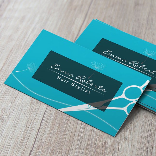 Hair Stylist Dandelion & Scissor Modern Turquoise Business Card (Creator Uploaded)