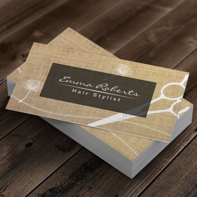 Hair Stylist Dandelion & Scissor Rustic Burlap Business Card (Creator Uploaded)