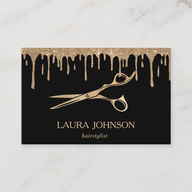 Hair Stylist Dripping Gold Glitter Scissors Business Card (Front)