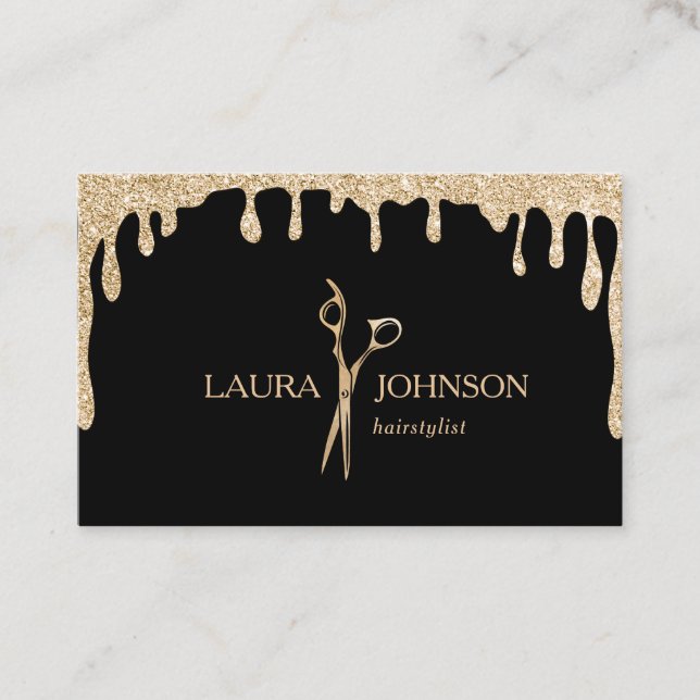 Hair Stylist Dripping Gold Glitter Scissors Business Card (Front)