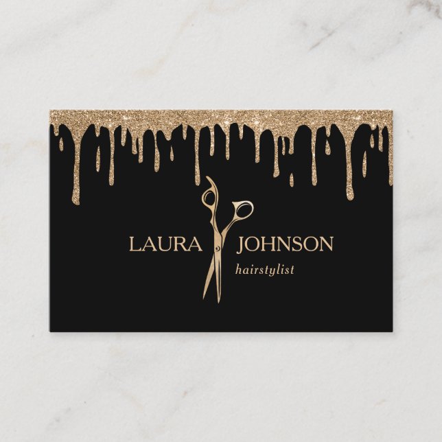 Hair Stylist Dripping Gold Glitter Scissors Business Card (Front)