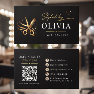 Hair Stylist Elegant Black Gold Scissors Custom Business Card