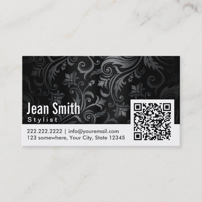 Hair Stylist Elegant Black & White Floral QR Code Business Card (Front)
