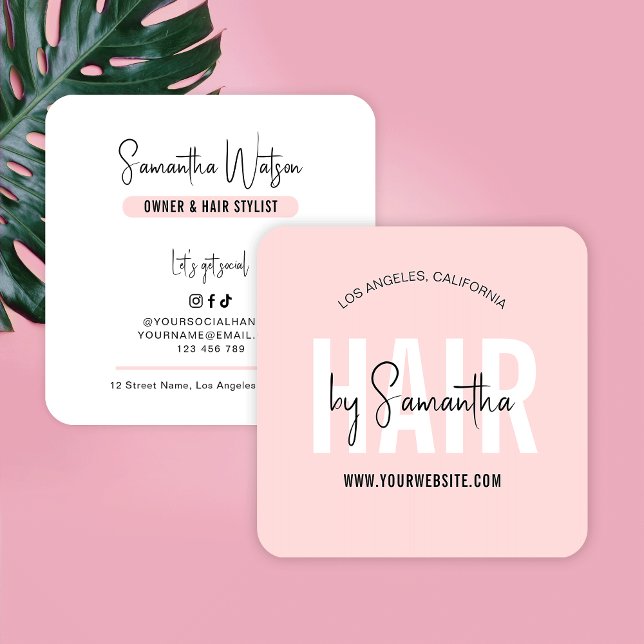Hair Stylist Elegant Chic Feminine Blush Pink Logo Square Business Card (Trendy blush pink hair business cards with trendy fonts, feminine colors and modern layout)