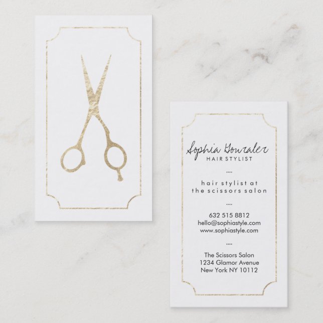 Hair stylist elegant faux gold scissors white chic business card (Front/Back)
