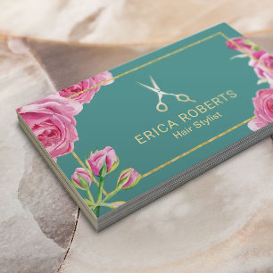 Hair Stylist Elegant Floral Gold Scissor Salon Business Card