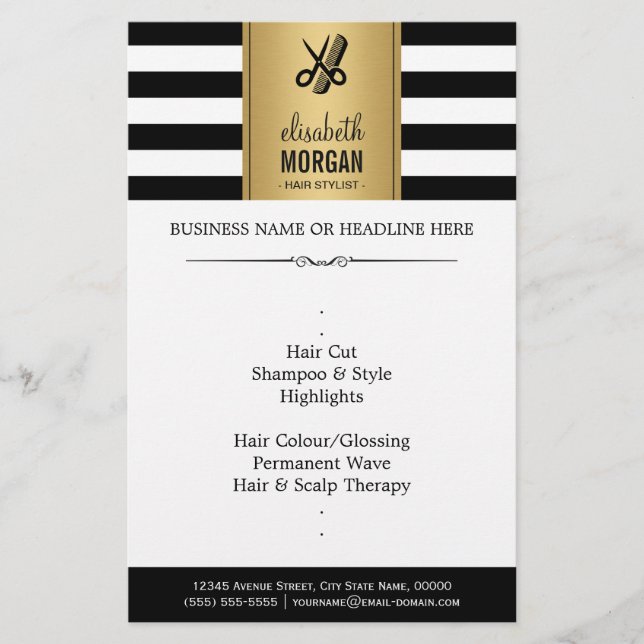 Hair Stylist Elegant Gold Black White Stripes Flyer (Front)
