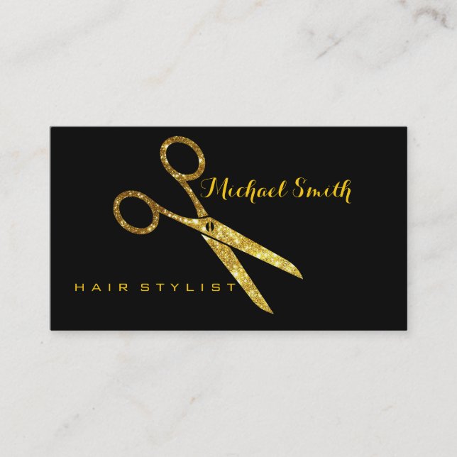 Hair Stylist Elegant Gold Glitter Scissors Salon Business Card (Front)
