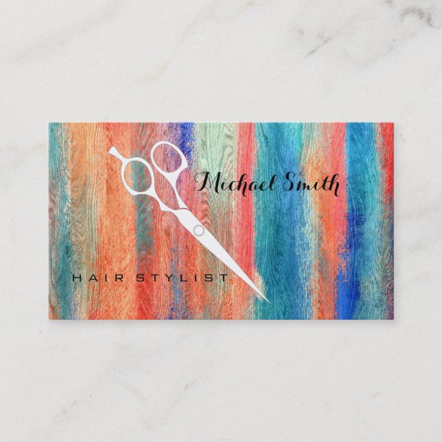Hair Stylist Elegant Modern Colourful Wood #10 Business Card (Front)