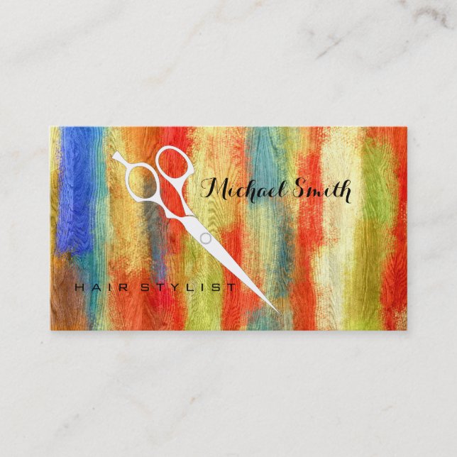 Hair Stylist Elegant Modern Colourful Wood Business Card (Front)