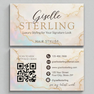 Hair Stylist Elegant Pearl Opal Gold Script Modern Business Card