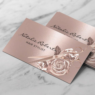 Hair Stylist Elegant Rose Gold Scissor & Flowers Business Card