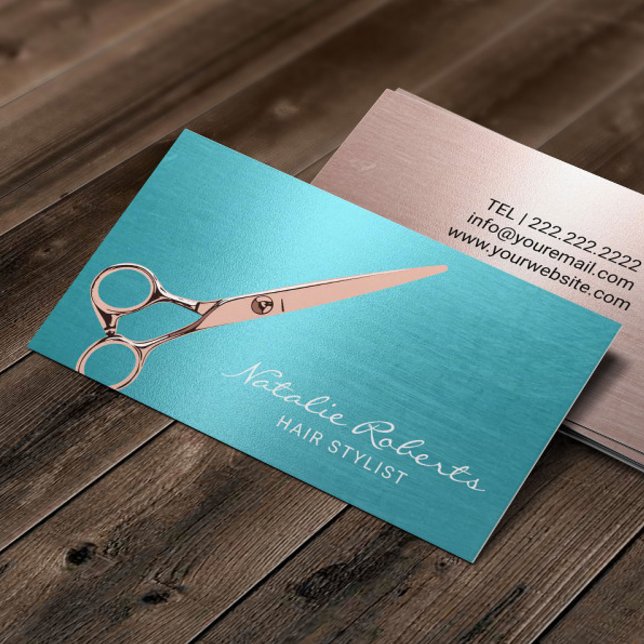 Hair Stylist Elegant Rose Gold Scissor Turquoise Business Card (Creator Uploaded)