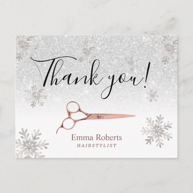 Hair Stylist Elegant Winter Snowflakes Thank You Postcard (Front)