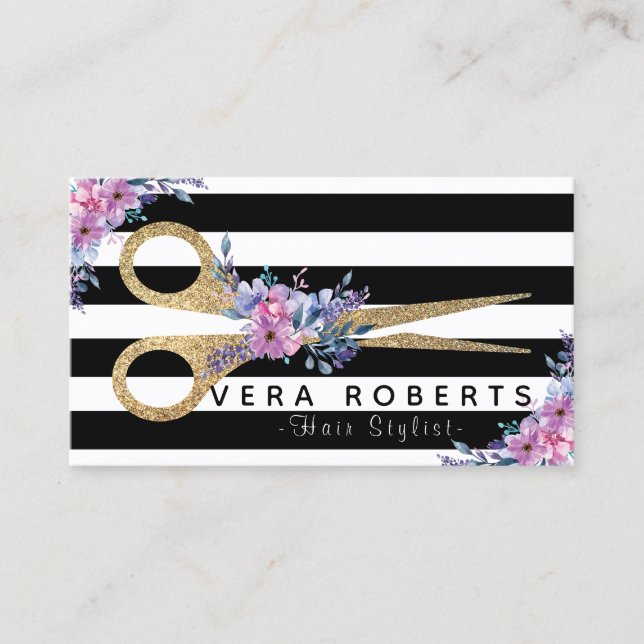Hair Stylist Floral Gold Glitter Scissors Appointment Card (Front)