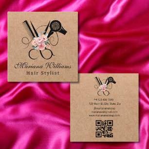 hair stylist floral Scissor qr code kraft brown Square Business Card