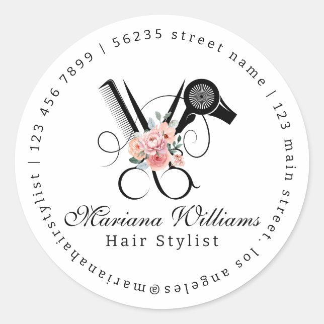 hair stylist floral Scissors beauty salon business Classic Round Sticker (Front)