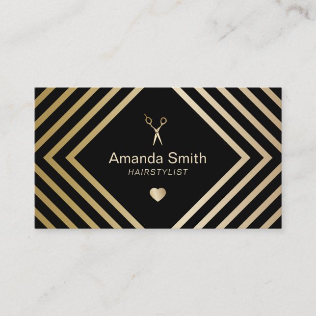 Hair Stylist Geometric Black & Gold Hair Salon Business Card (Front)