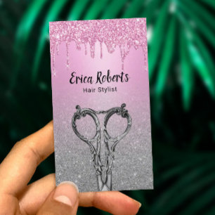 Hair Stylist Girly Pink Drips Silver Glitter Salon Business Card