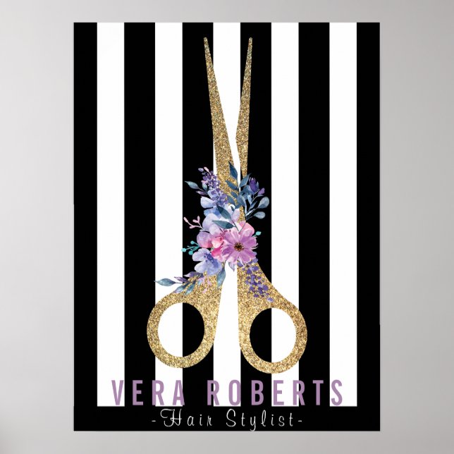 Hair Stylist Glitter Scissor & Beauty Striped Poster (Front)